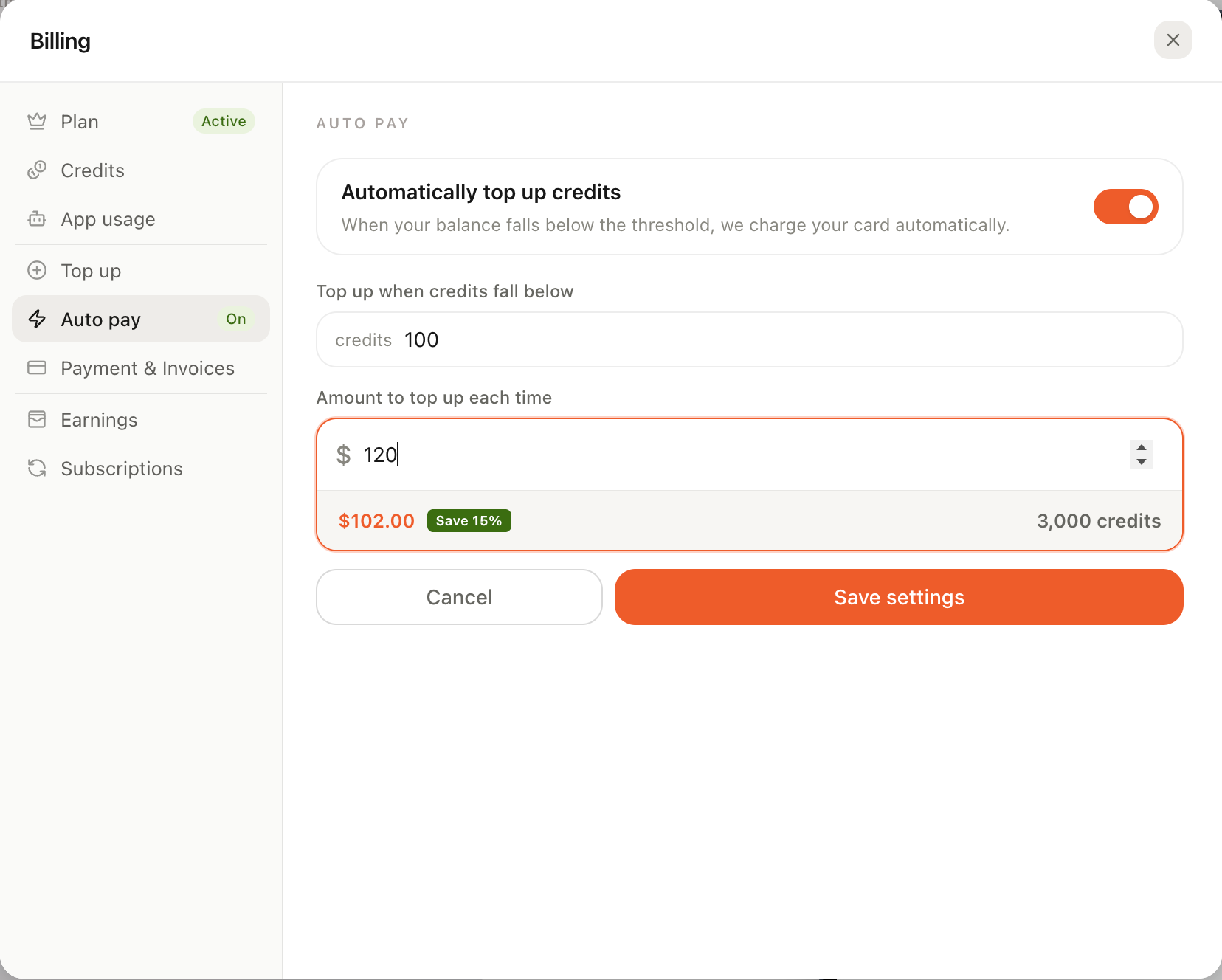 Automatic top-up settings