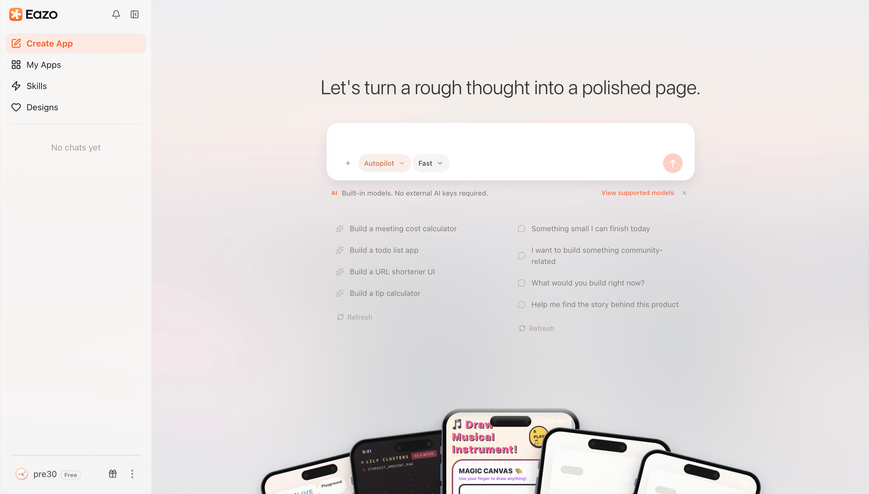 Describe an idea on the creation home page