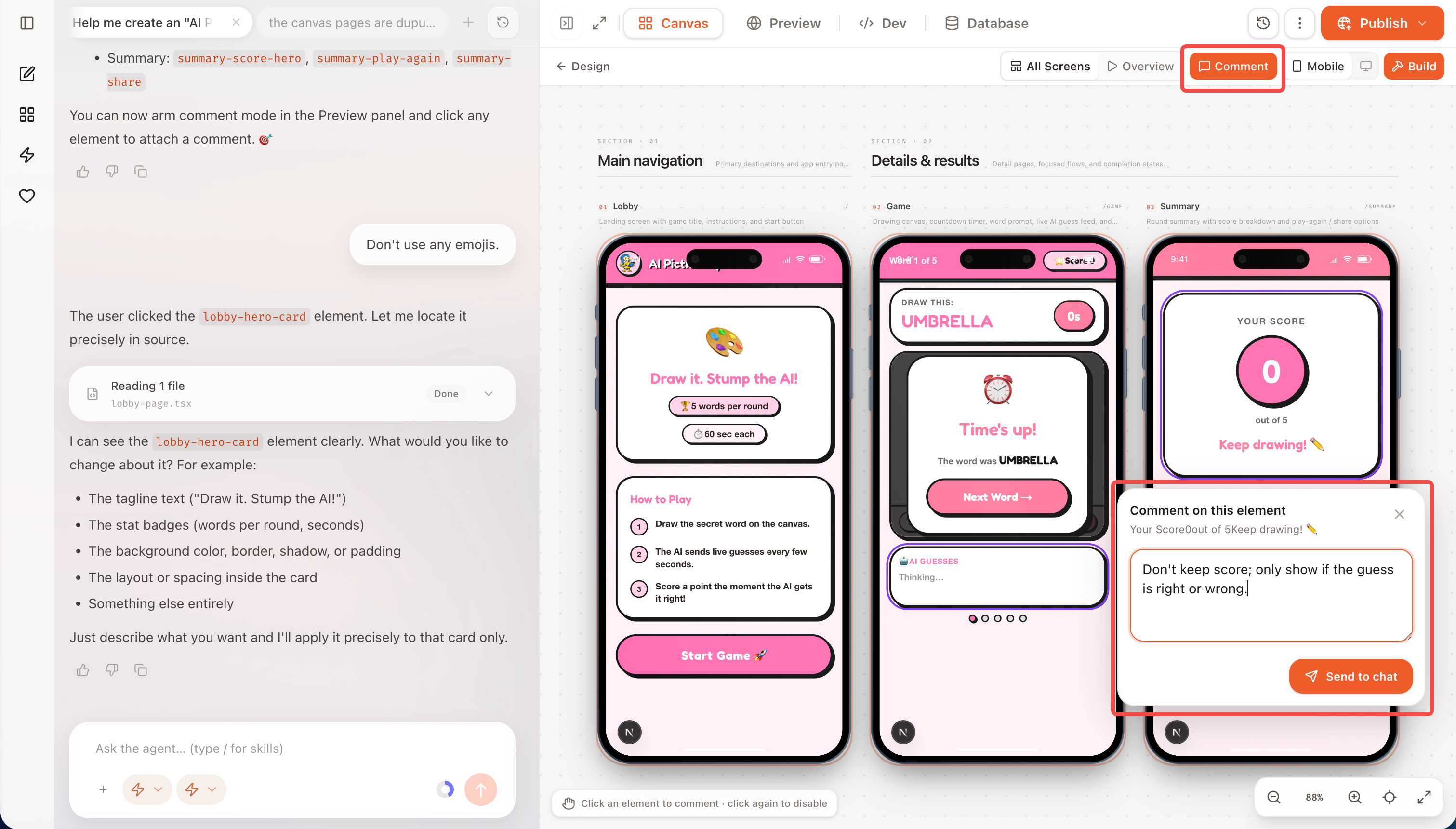 Select an element and submit a design comment