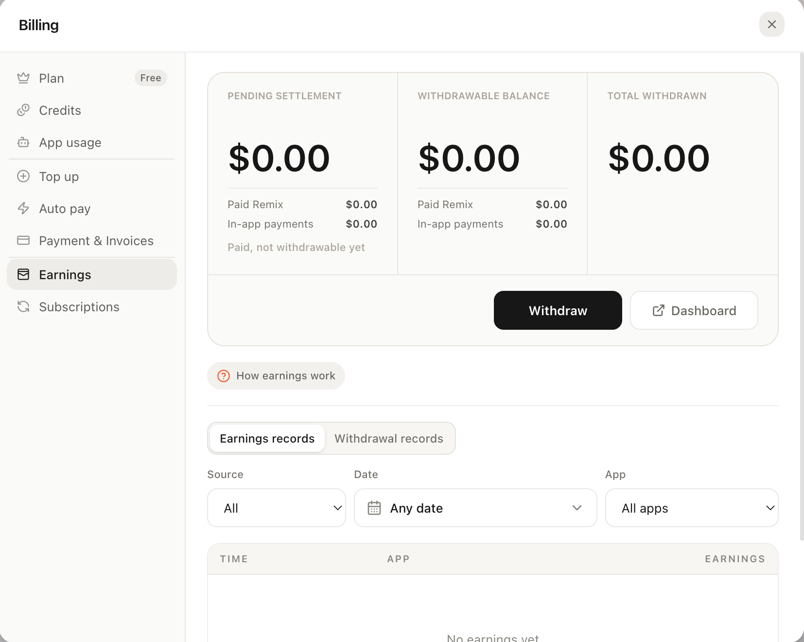 Earnings page