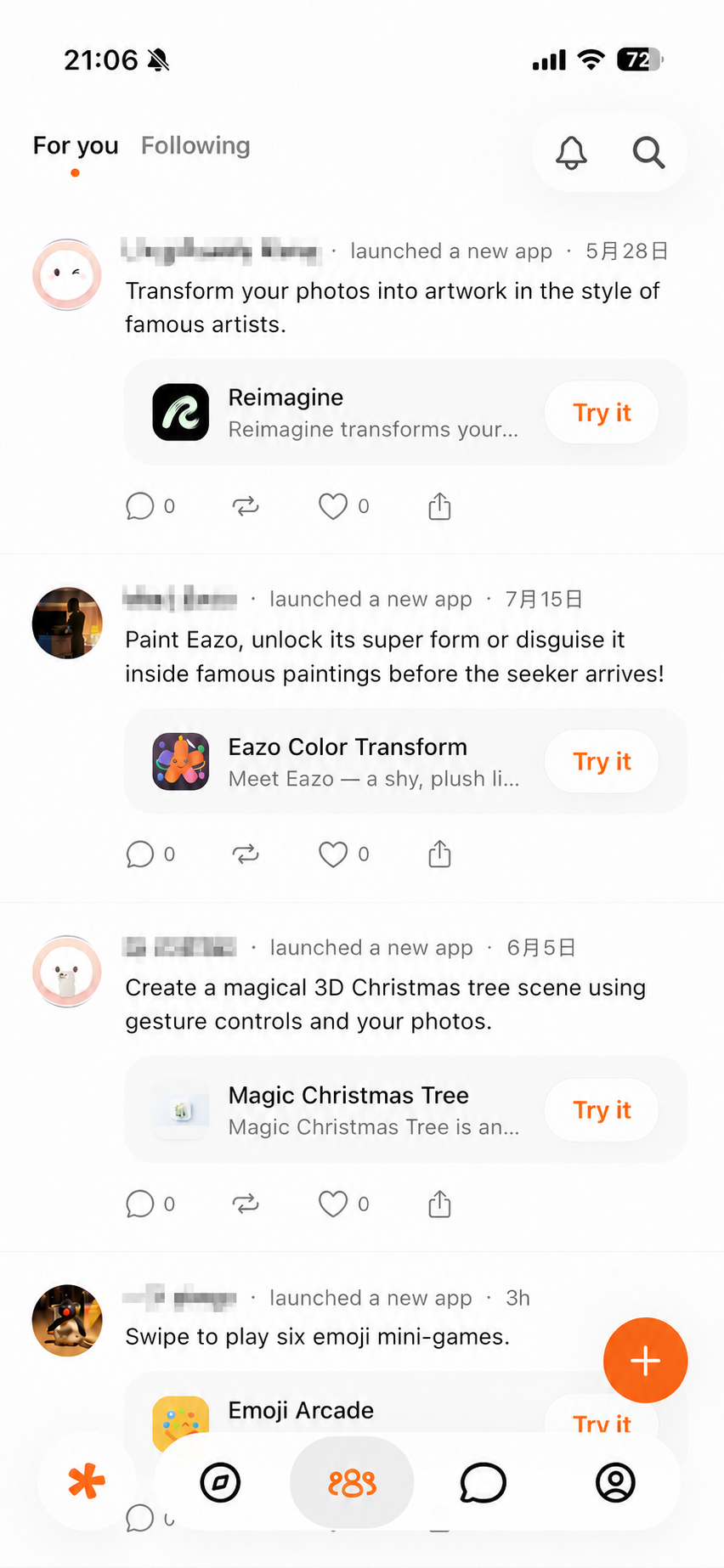 Community 中的 App 卡片，用户名已隐藏