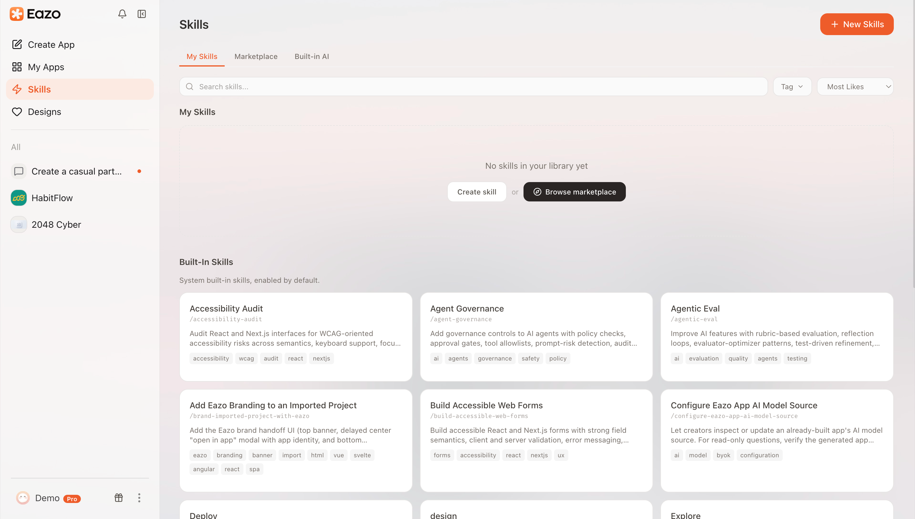 Three areas of the Skills page