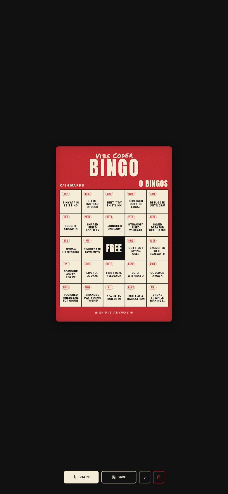 Vibe Coder Bingo Card