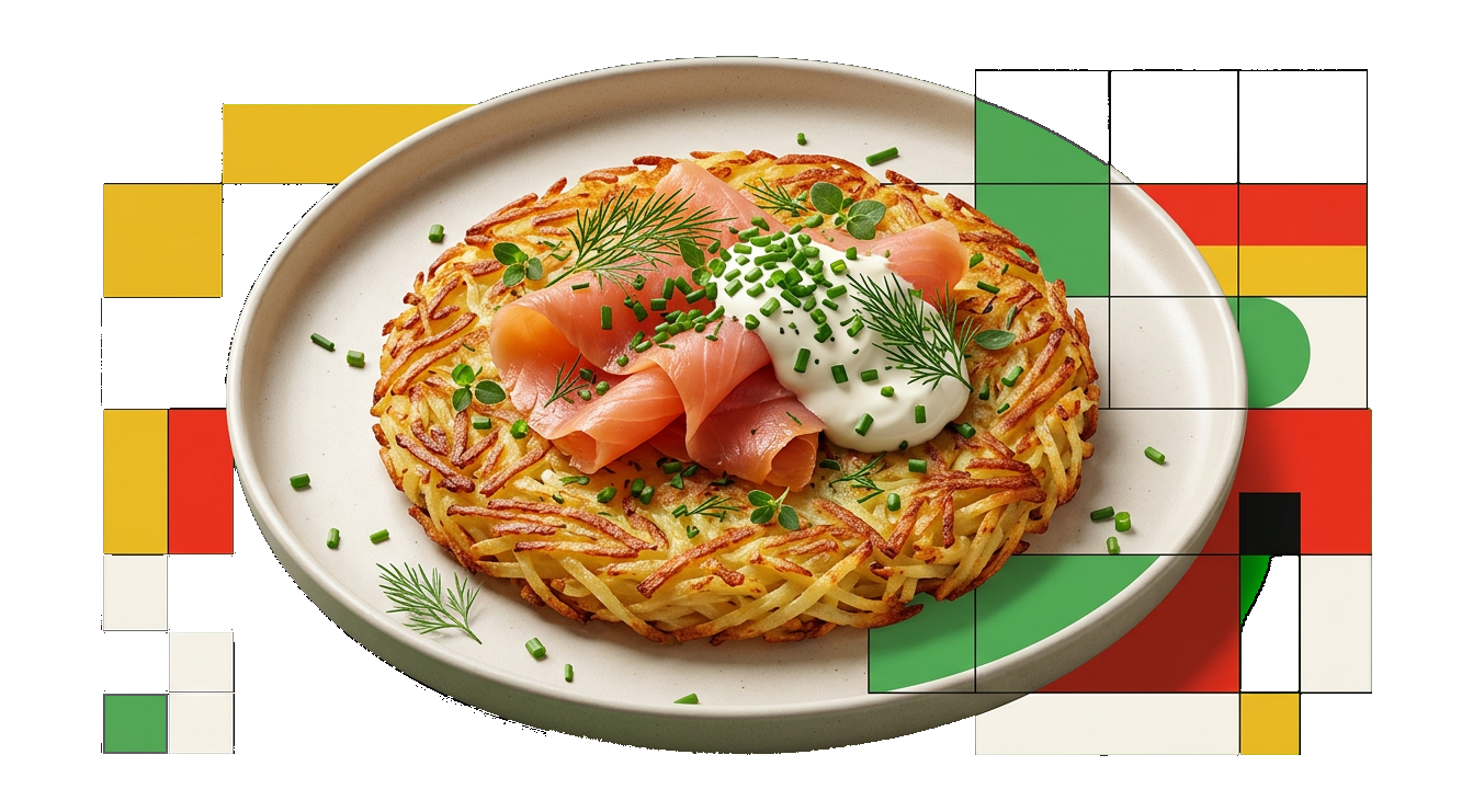Swiss rösti with smoked trout, crème fraîche, and herbs